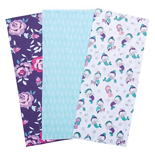 Image of Mermaids 3 Pack Jersey Burp Cloth Set-Mermaid, Leaf, Watercolor Floral Prints, Purples, Turquoise, Teal, Pinks, Grays, Cotton Jersey, 20 in x 9 in Each