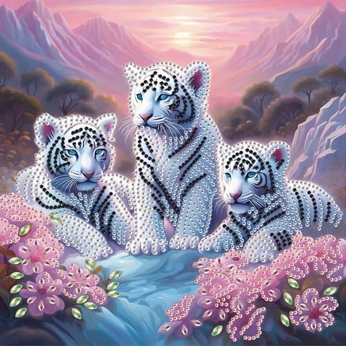 Broderie diamant 30x30cm motif petit tigre blanc en montagne