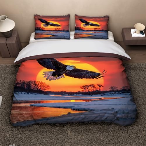 Housse de couette 200 x 200 aigle 3D avec 2 taies d'oreiller lit double microfibre