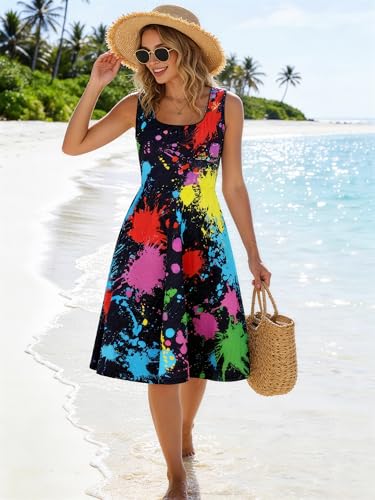 Image of uideazone Women Funny Print Sleeveless U Neck A Line Casual Midi Dress | Soft Stretchy Breathable Fabric Flared Swing Sundress Fitted Waist for Daily Wear 80 /90s Themed Party Beach Vacation Trips