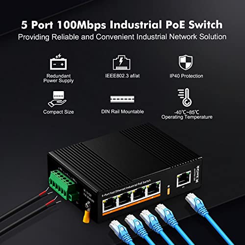 Image of MokerLink 5 Port PoE Industrial DIN-Rail Network Switch, 60W IEEE802.3af /at PoE Power, 10 /100Mbps Fast Ethernet, IP40 Rated Network Switch (-40 to 185F), with UL Power Supply