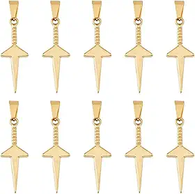 10 pingentes de espada, pingentes de adaga dourada, pingentes de guerreiro, pingentes de espada, de aço inoxidável, pingentes de espada com fechos grandes para fazer joias DIY