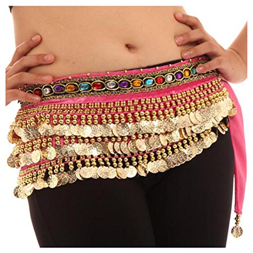 Image of VRITRAZ Women's Chiffon Belly Dance Hip Scarf Waistband Belt Skirt Mixed Colors Beads and Golded Coins 56 Black
