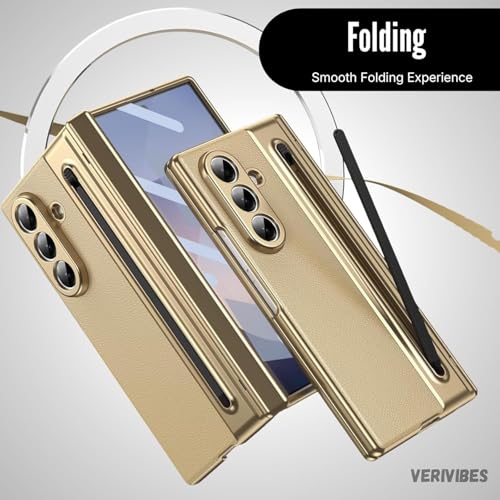 Image of Ultra Hybrid Luxury Leather Compatible with Samsung Galaxy Z Fold 5 (2025)| Built-in S Pen Holder| 360 Hinge Protection | Slim Shockproof Back Cover with Tempered Glass - Golden