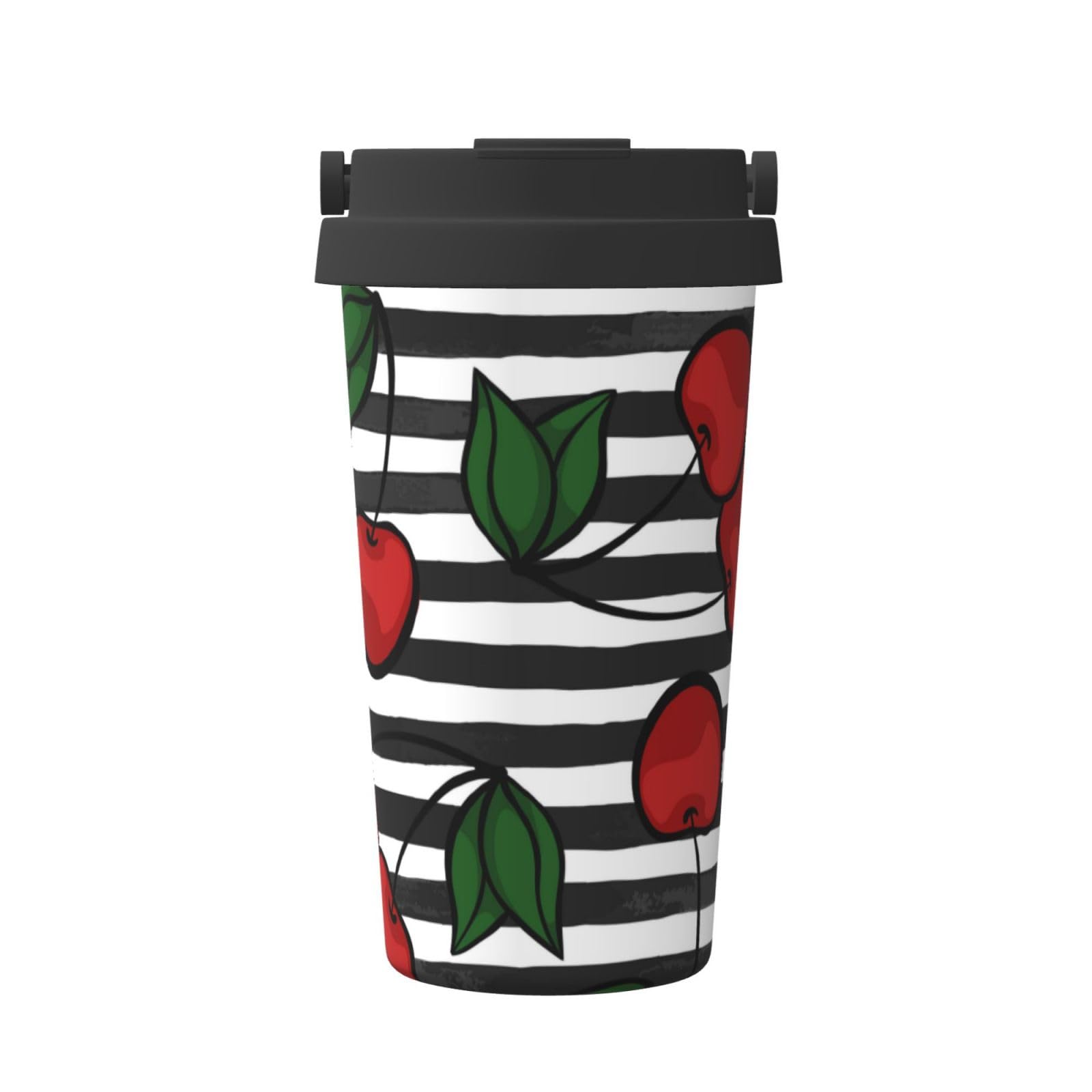 Insulated Coffee Mug,500 ml Travel Mug Stainless Steel Insulated Tumbler Coffee Cup,with Cherry On Black and White