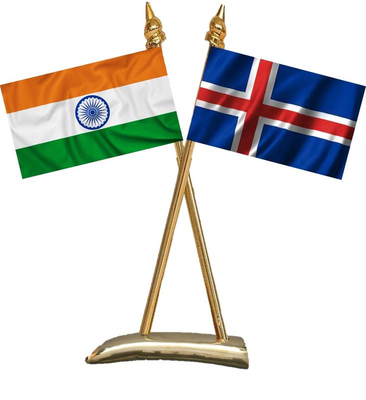 ICELAND & INDIA Miniature Flags - Shining & Bright Cotton Cloth with Criss-Cross Classy Brass Base Table Stand-image-46