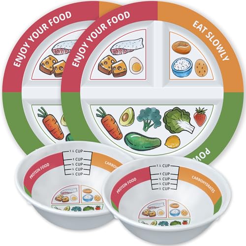 Comparison: Best Portion Control Plates 2 Viynran 4 Pcs Portion Control Plates & Bowls Set (9 Inch), Self-Measuring for Weight Loss, Gastric Bypass, LapBand, Diabetes, & Healthy Diets, Divided Nutrition Plates for Adults & Children