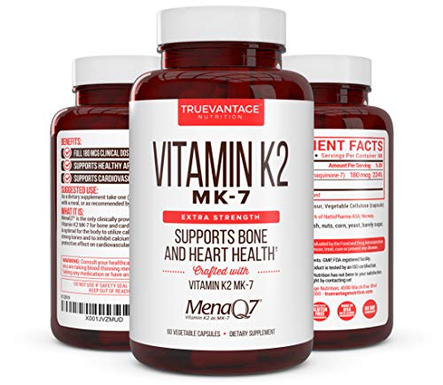 Premium Extra Strength Vitamin K2 Supplement 180mcg -Vitamin K2 MK7 Supports Bone & Heart Health for Cardiovascular Calcium Absorption from Arteries- 60 Easy to Swallow Vegan caps of MenaQ7