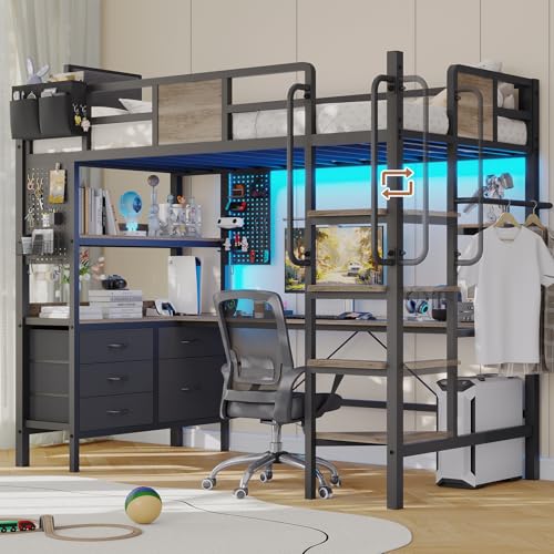 Dnxao Twin Loft Bed with Desk and 5 Storage Drawers,Loft Bed Twin Size with LED Lights and Charging Station, Metal Bunk Bed Frame with Ladder, Clothes Rail,Noise Free,Oak Gray