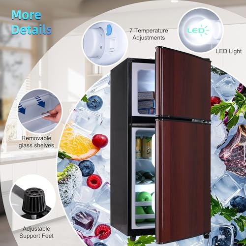 Image of Dorm Fridge with Freezer, Small Refrigerator 3.45 Cu. Ft. with Freezer for Apartment, 7-Level Temperature Adjustable Apartment Size Fridge for Kichen, College, Office, Wood