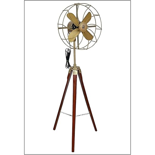 Nautical Collection Handmade Pedestal Fan - Antique Tripod Fan With Modern Unique Style Wooden Tripod Stand For Home & Office (Gold)