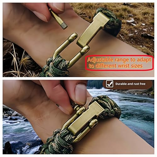 Patriotic Paracord Survival Bracelet for Men - Bronze US Flag Pendant Tactical Gear with Multi-Tool Functions, Adjustable Size (12-25cm), Green Camo Gold Thread Design - Image 4
