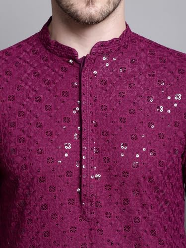 Image of Jompers Men's Geometric Sequin Embroidered Pure Cotton Kurta with Pyjamas Set