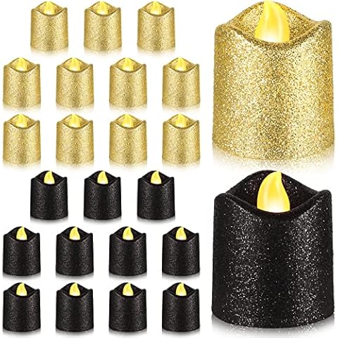24 Packs Flameless Glitter Candles LED Votive Tealights Battery Operated Tea Lights Warm Yellow Light Holder for Anniversary Wedding New Year Christmas Centerpiece Table Outdoor Decor (Gold, Black) Cover