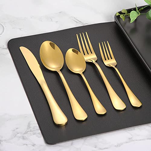 Image of Gold Silverware Set, Gold Flatware Set for 4, Stainless Steel Tableware Cutlery Set, Utensil Sets for Kitchen, Forks and Spoons Silverware (Gold, Set of 10)