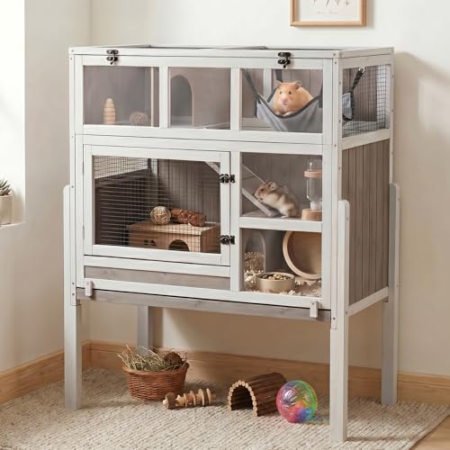 Large Guinea Pig Cages 3-Story Indoor Guinea Pig Habitats with Stand Hedgehog Cage Rabbit Hutch with Pull-Out Tray Flip-Open Roof Cozy Hammock