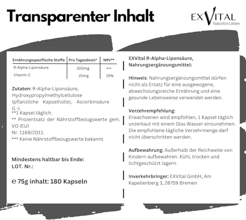 EXVital® R-Alpha-Liponsäure, hochdosiert mit 300mg pro Kapsel, in natürlicher R-Form, 180 Kapseln, vegan & ohne Zusätze, laborgeprüft