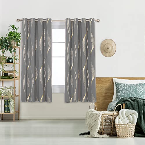 Deconovo Blackout Eyelet Curtains Thermal Insulated Gold Wave Line Foil Printed Curtains for Bedroom 66x72 Inch Light Grey 2 Panels - Image 2