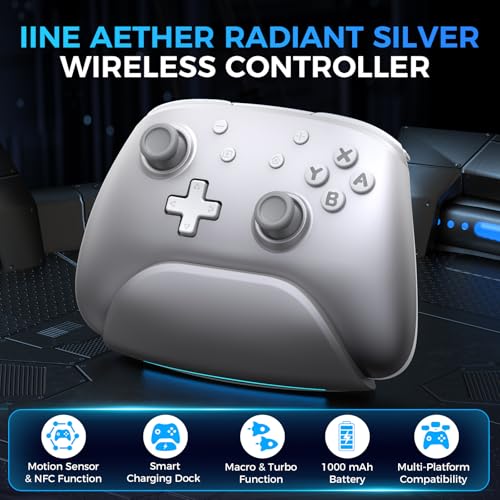Image of IINE Wireless Pro Controller with Charging Dock, PC Controller with Macro /Turbo /Rumble /NFC /Motion Sensor Function, Multi-Platform Gamepad Compatible with Switch /PC /Steam /Phone /Tablet (Bright Silver)