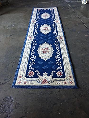 Miniatura 7 de EMIRATES Alfombra persa larga tradicional Aubusson azul marino con diseño rojo 507 (31 pulgadas x 9 pies 10 pulgadas)