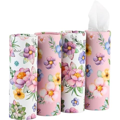 Car Tissues Holder with Facial Tissues - 4 PK - Travel Tissue Tubes Box Container Perfect Fit for Car Cup Holder Car Tissues Cylinder (Pink) Cover