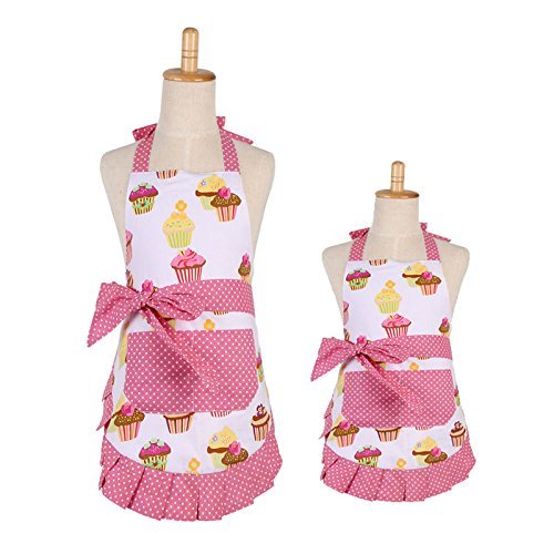 G2PLUS Apron for Women with Pockets, Extra Long Ties, Cupcake Apron, Perfect for Kitchen Cooking, Baking and Gardening, 70cm x 50cm (Mama and Me Set)