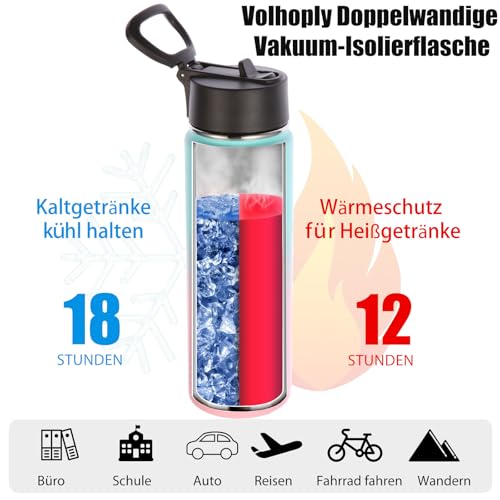Volhoply 650ml Trinkflasche Edelstahl, vakuumisolierte doppelwandige Thermosflasche mit Strohhalm und Griff… – Ansicht 3