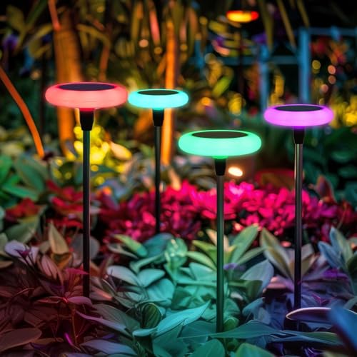 Luces Solares LED Exterior Jardin 4 Piezas luces solares exteriores Impermeable IP65 Lámparas Solares Extra Brillantes de 34 lúmenes para Patio Césped Pasillo Terraza Paisajes Caminos (RGB)