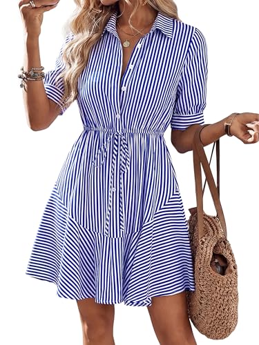 MASCOMODA Womens Puff Short Sleeve Striped Mini Summer Dress Spring Casual V Neck Button Down A Line Short Work Shirt Dresses(Striped Blue Large)