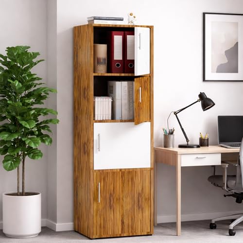 Image of Callas Wooden Book Rack | Multi-Compartment Storage Cabinet | Space-Saving Vertical Bookshelf with Doors | Durable & Sturdy Organizer for Home & Office (Walnut, 4 Tier)