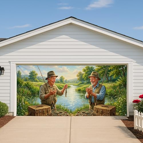 Rivière extérieure en housse de garage, masquez une porte usée avec ce décor de pêche vert - 7