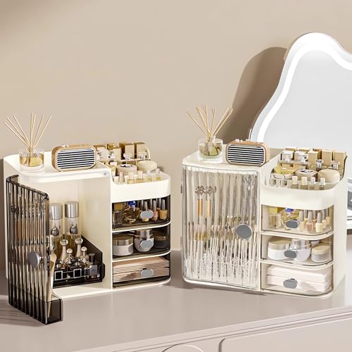 DASITON Makeup Organizer for Vanity,Large Capacity Makeup Storage Organizer with 3-Layer Drawers and Mirror,Cosmetics Display Case Make up Organizers for Vanity,Bedroom,Countertop(Black-Cream) by DASITON - Image 3