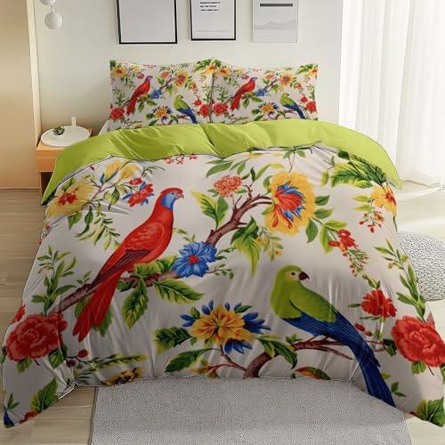 Funda Nordica Cama 180, Con Flores naturales animales loros patrón 100% Microfibra 1 Funda Nordica 220x240 + 2 Fundas de Almohada 50x75 - Pátina verdeTranspirable Resistente a los ácaros del polvo