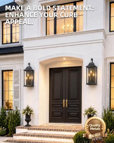 Image of RAYVO 25 inch Extra Large Outdoor Wall Light, Black Porch Lantern | Waterproof Anti-Rust Metal Sconce, Clear Glass Panels, 3 E12 Bases, Modern Exterior Light Fixture for Porch Patio Garage