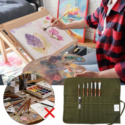 Image of Green Canvas Paint Brush Holder Roll-up Case Bag, 30 Slots Pockets Carry Pouch Artist Brush Storage Organizer, 19.1 inch L x 12.99 inch W