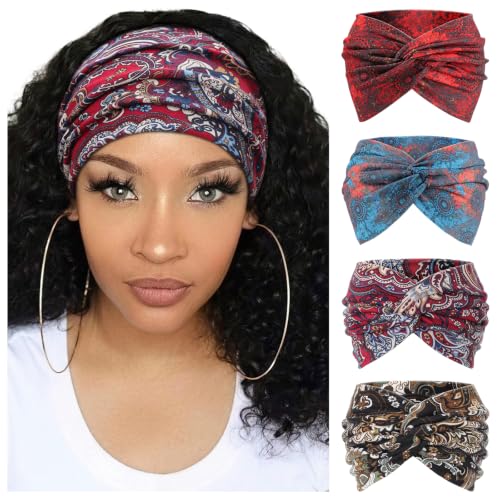 Image of DRESHOW 4 Pack Turban Headbands for Women Wide Vintage Head Wraps Knotted Cute Hair Band Accessories