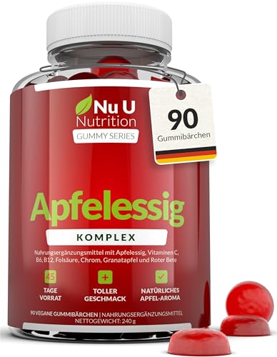 Apfelessig Gummibärchen 1000mg mit Mutter - 90 Vegane ACV Gummibärchen mit Vitamin C, B12, B6, Folsäure, Granatapfel & Rote Bete - Nu U Nutrition