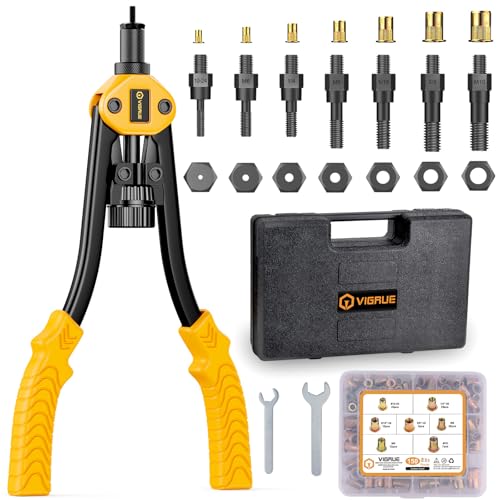 VIGRUE 14'' Rivet Nut Tool Hand Rivet Tool Kits with 7PCS Metric & Inch Mandrels and 150PCS Metric & SAE Rivet Nuts Assortment and Rugged Carrying Case