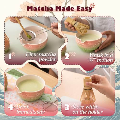 Matcha Tea Set, 8 Pcs Japanese Matcha Kit with Cherry Blossom and Wave Design Ceramic Bowl, Bamboo Whisk, Whisk Holder, Scoop, Sifter, Brush, Matcha Whisk Set for Matcha Lovers (Pink-Green) by Ochcahser - Image 6