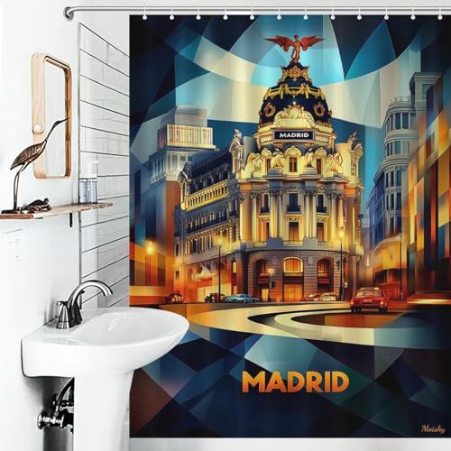 POLIUAWS Madrid Cubist Elegance – Modern Geometric Cityscape Rideaux De Bain Décoratifs Lavables Et Élégants pour Salle De Bain Ou Dortoir...