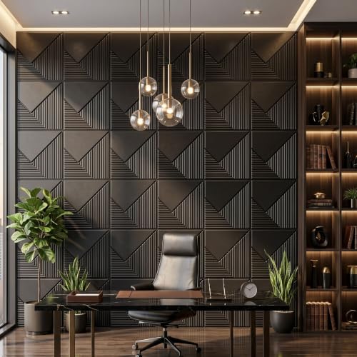 Image of Kayra Decor 3D PVC Wall Panels for Bedroom & Living Room | Plaina Design | Black Color | 19.7 x 19.7 Inch | Pack of 40 | 107.6 Sq Ft