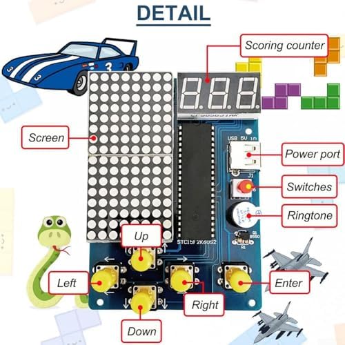 Electronic DIY 51 Chip Game Console Kit with Classic Pixel Graphics, Multiple Games, and Expansion Options Including Protective Shell (B ) — view 2