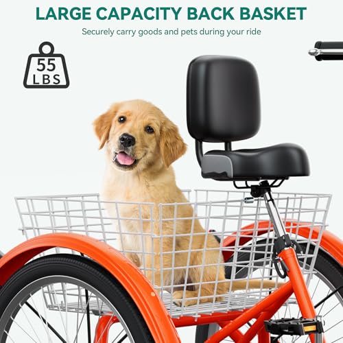 YITAHOME 26 Inch Adult Tricycle, 7 Speed 3 Wheel Bikes, Trike for Adults with Front & Rear Baskets, Cruiser Bike for Seniors Women Men Commute Picnic Outdoor, Orange