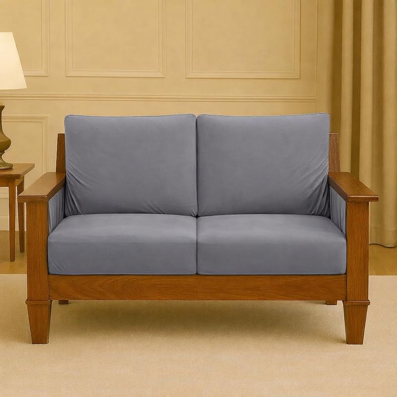 Hare Krishna Grey (Pack of 4) 200 GSM Fabric Wooden Sofa Seat Cover Elastic Stretchable Cushion Seat Slip Cover Protector for Wooden Sofa Set 2 Seater Antislip Full Covers for Living Room-image-41