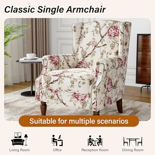 Sillón Floral Retráctil Beige con Patas de Madera miniatura 7