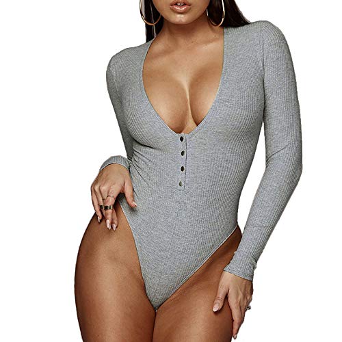 Body élastique gris col en V pour femmes | Vêtement de remise en forme taille unique