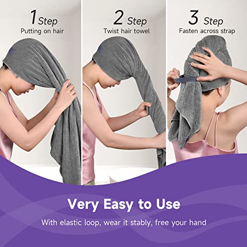Umisleep Extra Large Microfiber Hair Towel For Women Long, Curly, Thick Hair, Super Soft Anti Frizz Quick Dry Hair Towel Wrap, Ultra Absorbent Hair Turban With Elastic Band Grey #TOP5