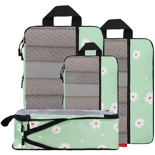 U+U 4 Set Compression Packing Cubes, Travel Organizers (Daisy)