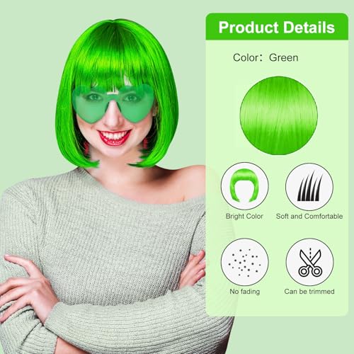 Image of PLULON Green Bob Wig and Sunglass Set, Neon Funny Short Bob Wig Sunglass Pack Colorful Hairpieces Fancy Dress Cosplay Costume Accessories for Women Bachelorette Party Favors, Halloween Decorations