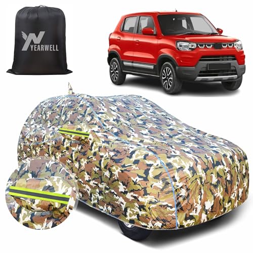 Image of Car Body Cover for Maruti Suzuki S presso, 100% Waterproof, Heat-Resistant with Mirror & Antenna Pockets, Soft Cotton Lining, Triple Stitched, Green Reflector (Jungle Print)